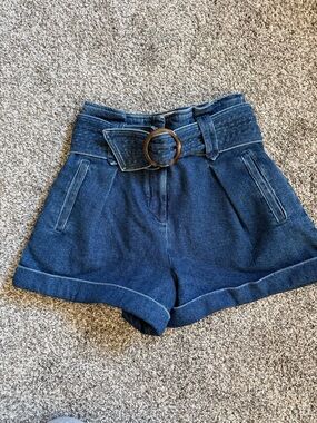 Sezane Dark Blue High-Waist Paperbag Denim Shorts with Belt